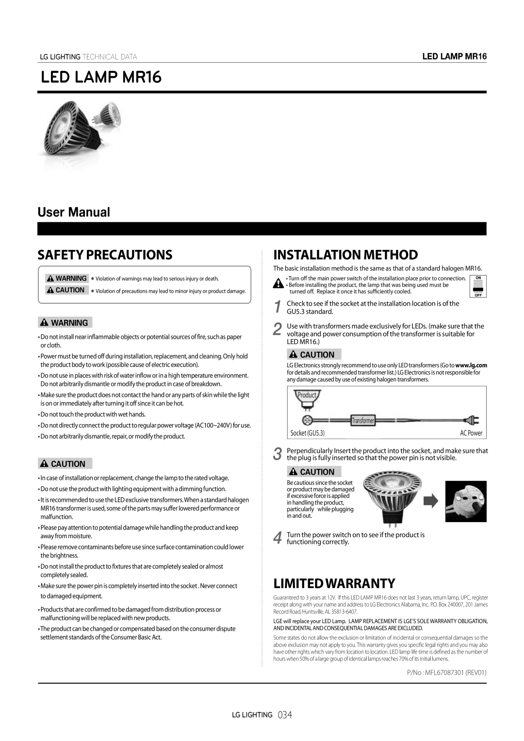 LG Electronics user manual LED Lamp MR16, Safety Precautions, Limitedwarranty 