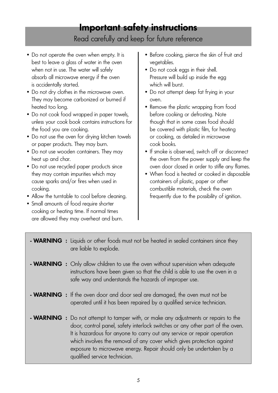 LG Electronics MS-192W instruction manual Important safety instructions, Read carefully and keep for future reference 