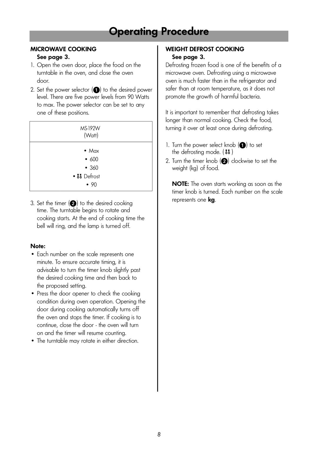 LG Electronics MS-192W Operating Procedure, See, Max 600 360 Defrost, Turntable may rotate in either direction 