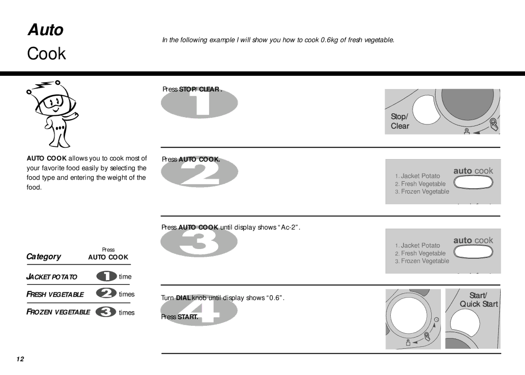 LG Electronics MS-207Y(S), MS-267Y(S) owner manual Press Auto Cook until display shows Ac-2 