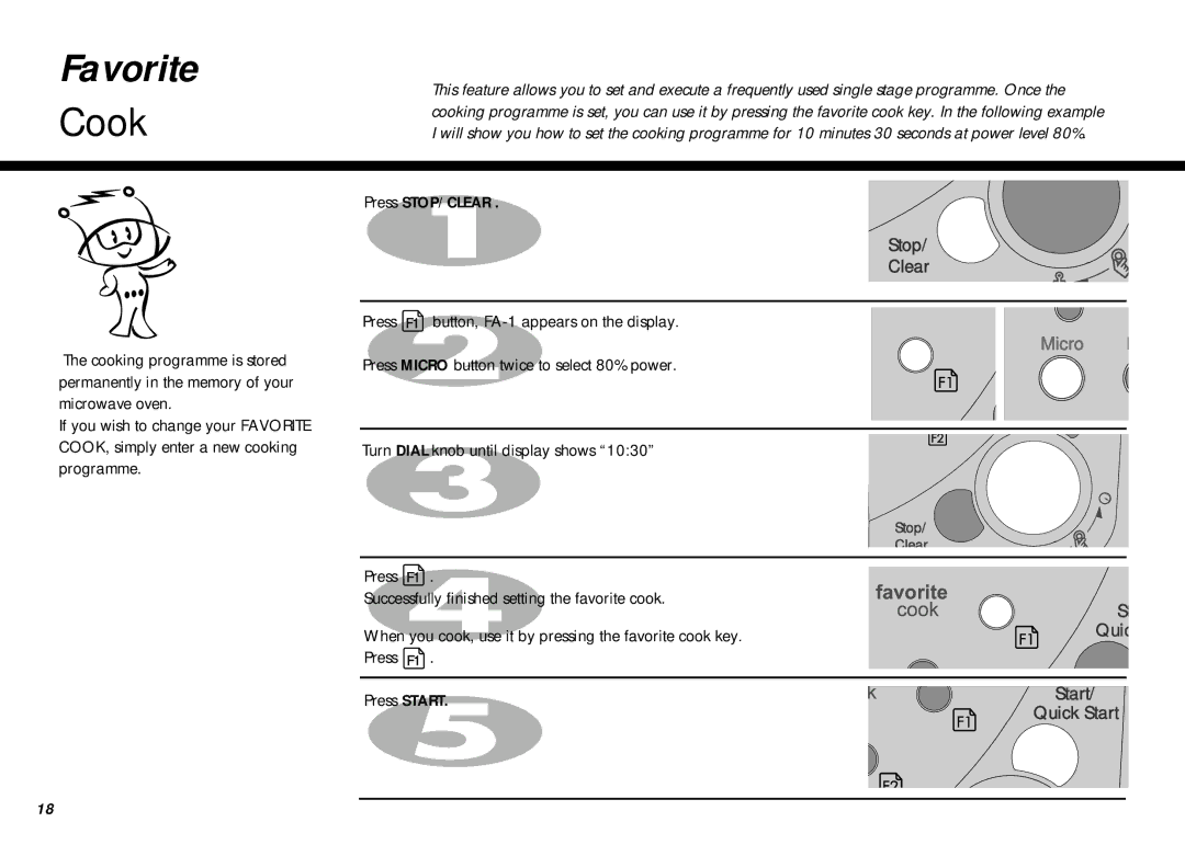 LG Electronics MS-207Y(S), MS-267Y(S) owner manual Favorite, Press F1 button, FA-1 appears on the display 