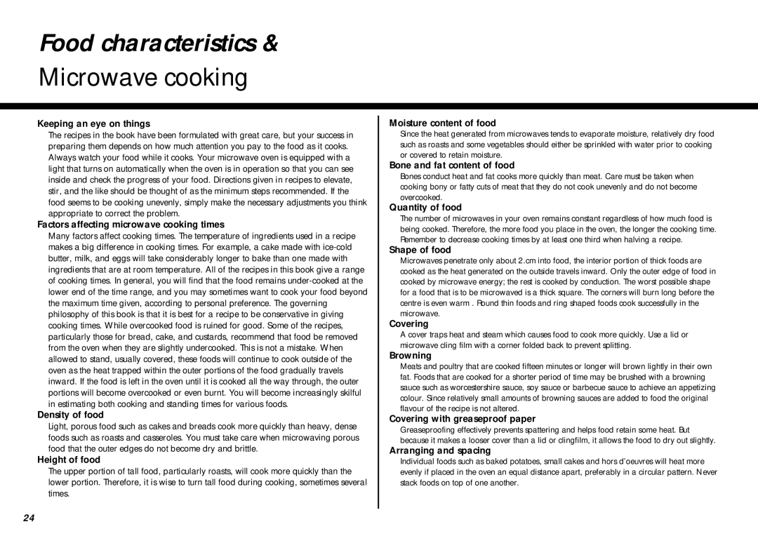 LG Electronics MS-207Y(S), MS-267Y(S) owner manual Food characteristics, Microwave cooking 