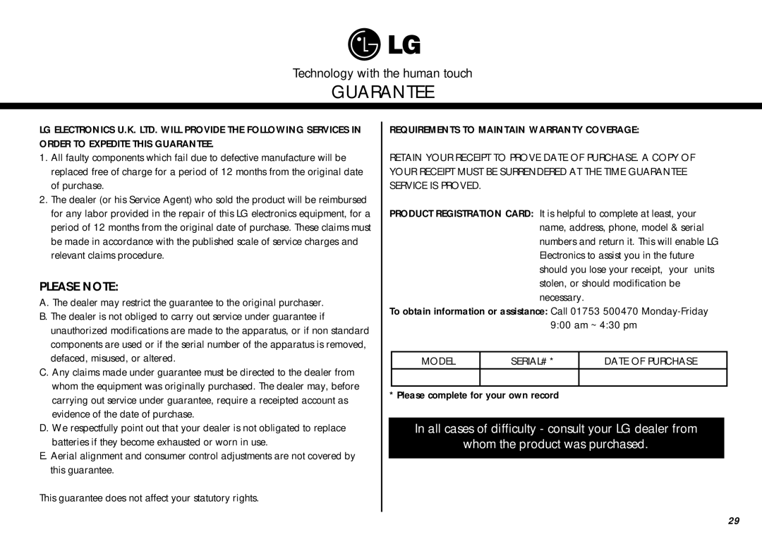 LG Electronics MS-267Y(S), MS-207Y(S) owner manual Guarantee, Please complete for your own record 