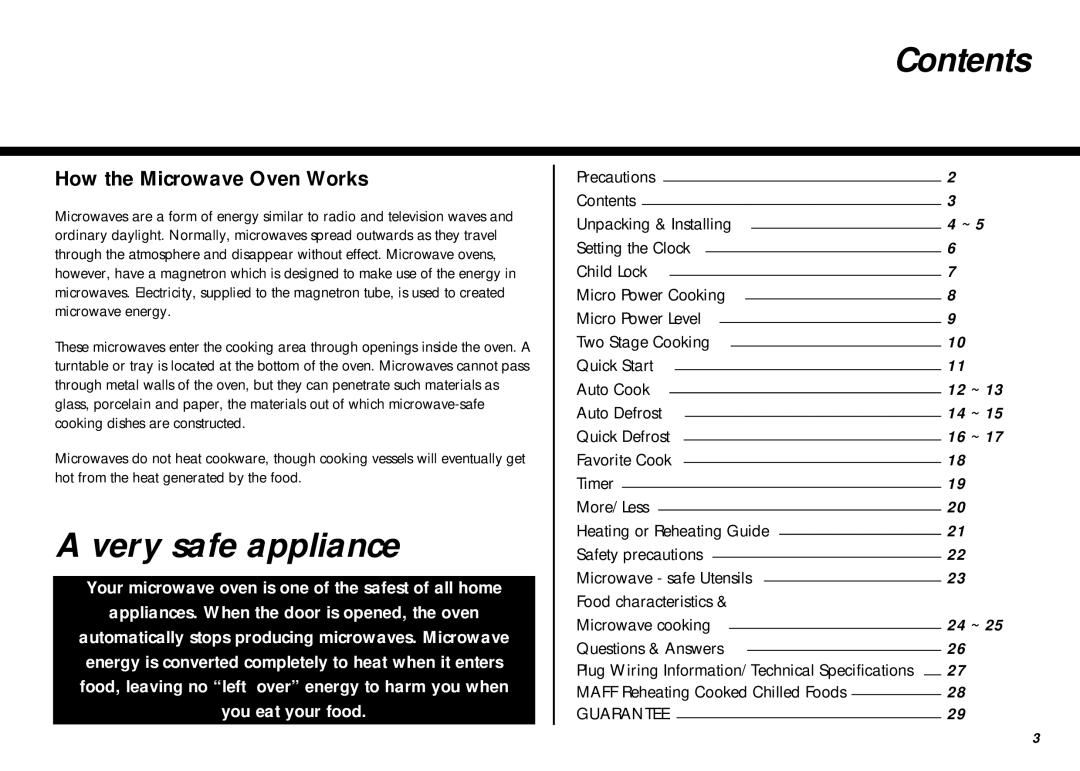 LG Electronics MS-267Y(S), MS-207Y(S) owner manual Contents, Very safe appliance 