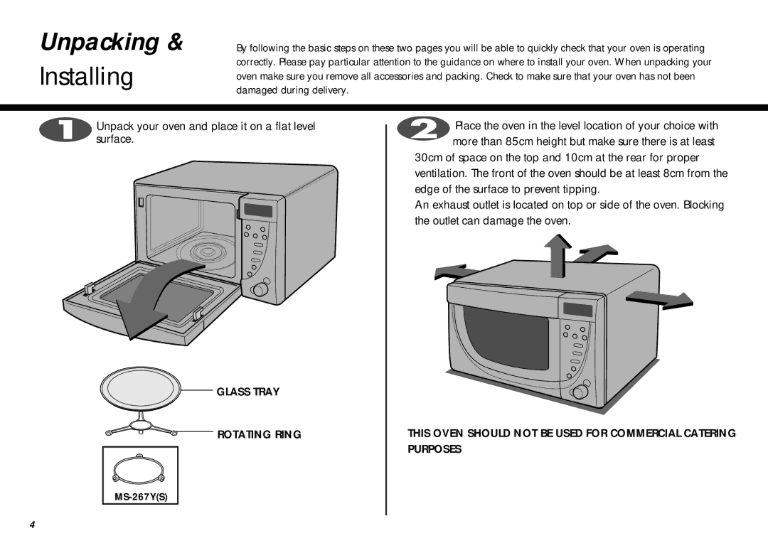 LG Electronics MS-207Y(S), MS-267Y(S) owner manual Unpacking, Installing, MS-267YS 