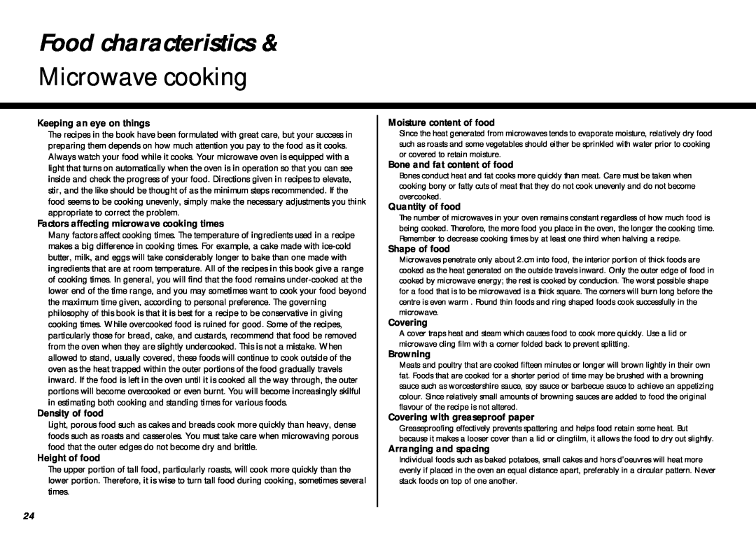 LG Electronics MS-207Y(S), MS-267Y(S) owner manual Food characteristics, Microwave cooking 
