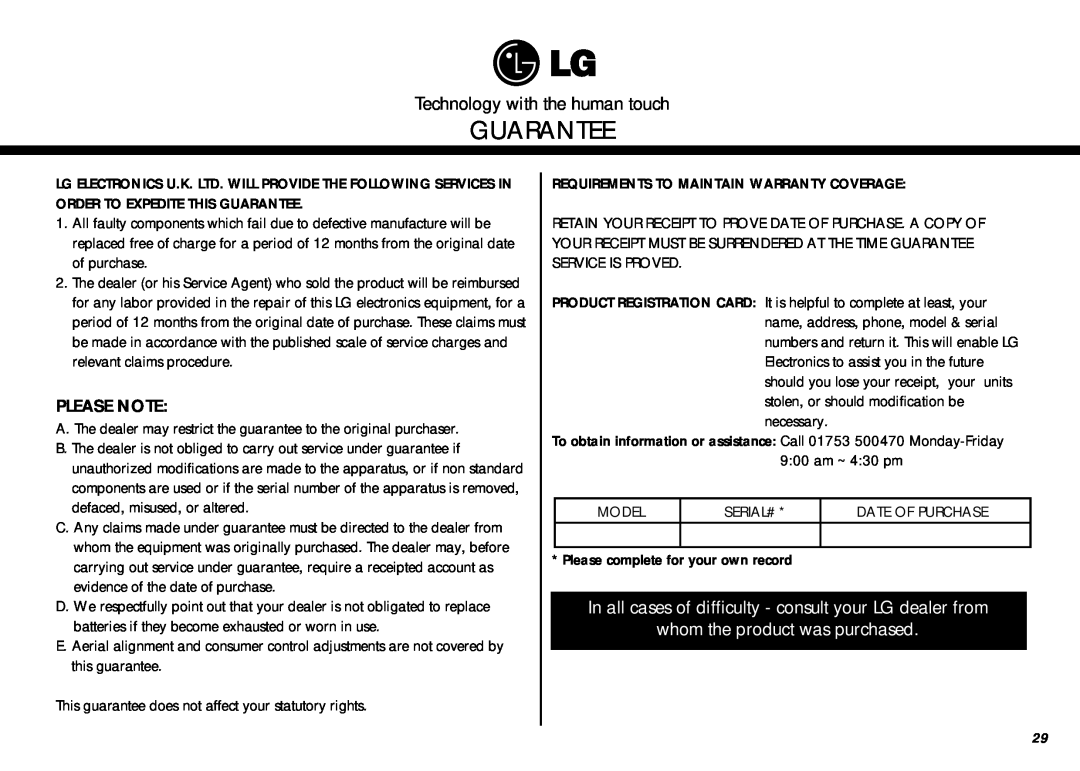 LG Electronics MS-267Y(S), MS-207Y(S) owner manual Technology with the human touch, Please Note, Guarantee 