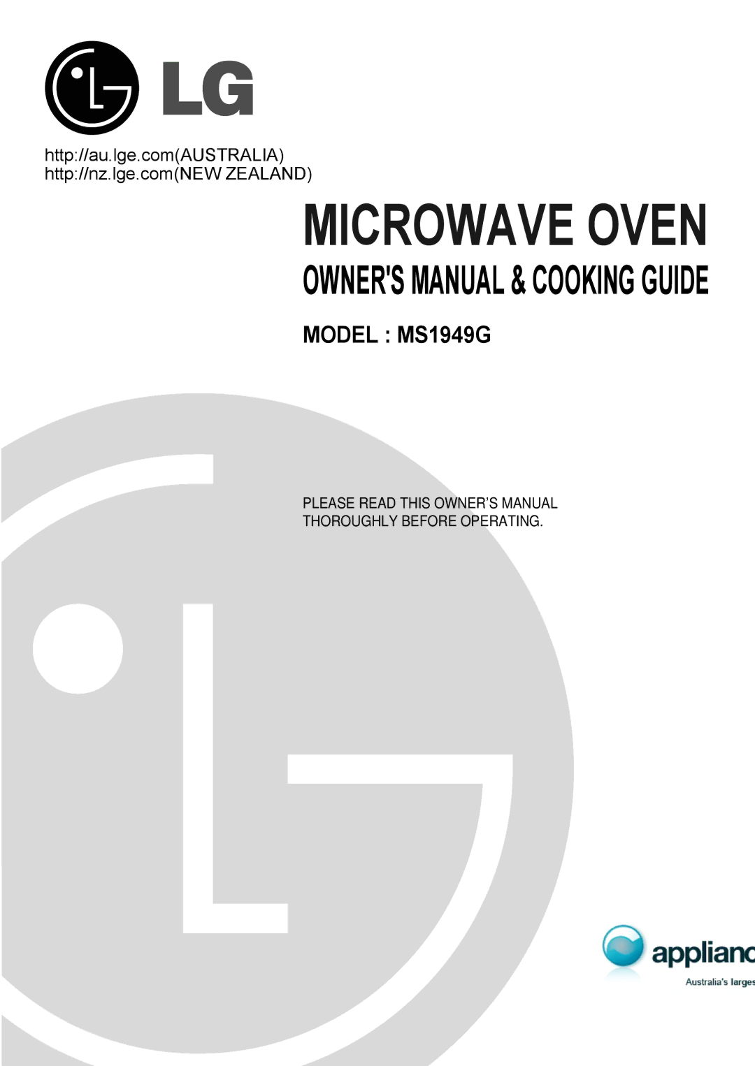 LG Electronics MS1949G owner manual Microwave Oven 