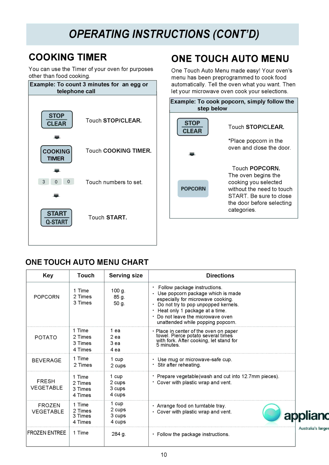 LG Electronics MS1949G owner manual Touch Cooking Timer, Key Touch Serving size Directions 