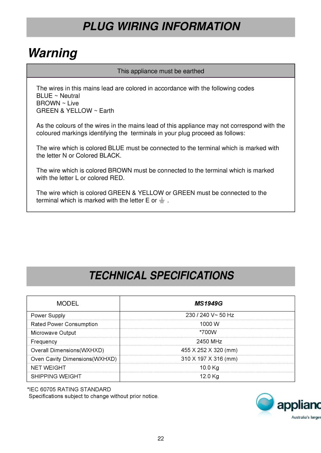 LG Electronics MS1949G owner manual Plug Wiring Information, Technical Specifications 