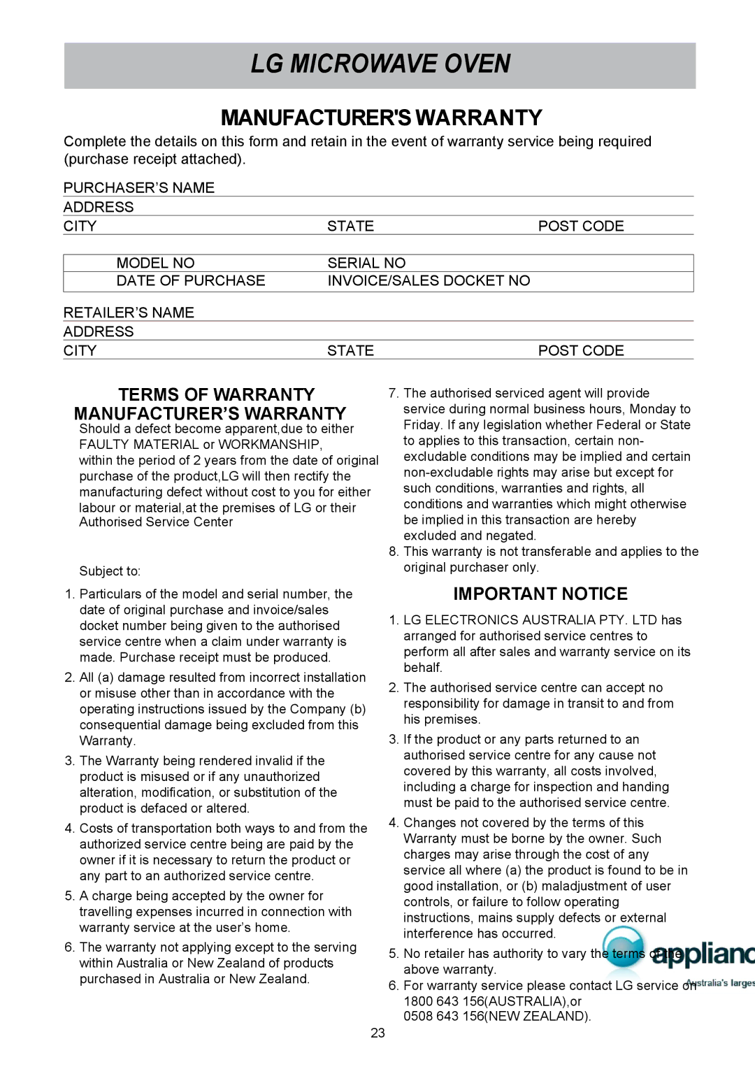 LG Electronics MS1949G owner manual LG Microwave Oven, Manufacturers Warranty 