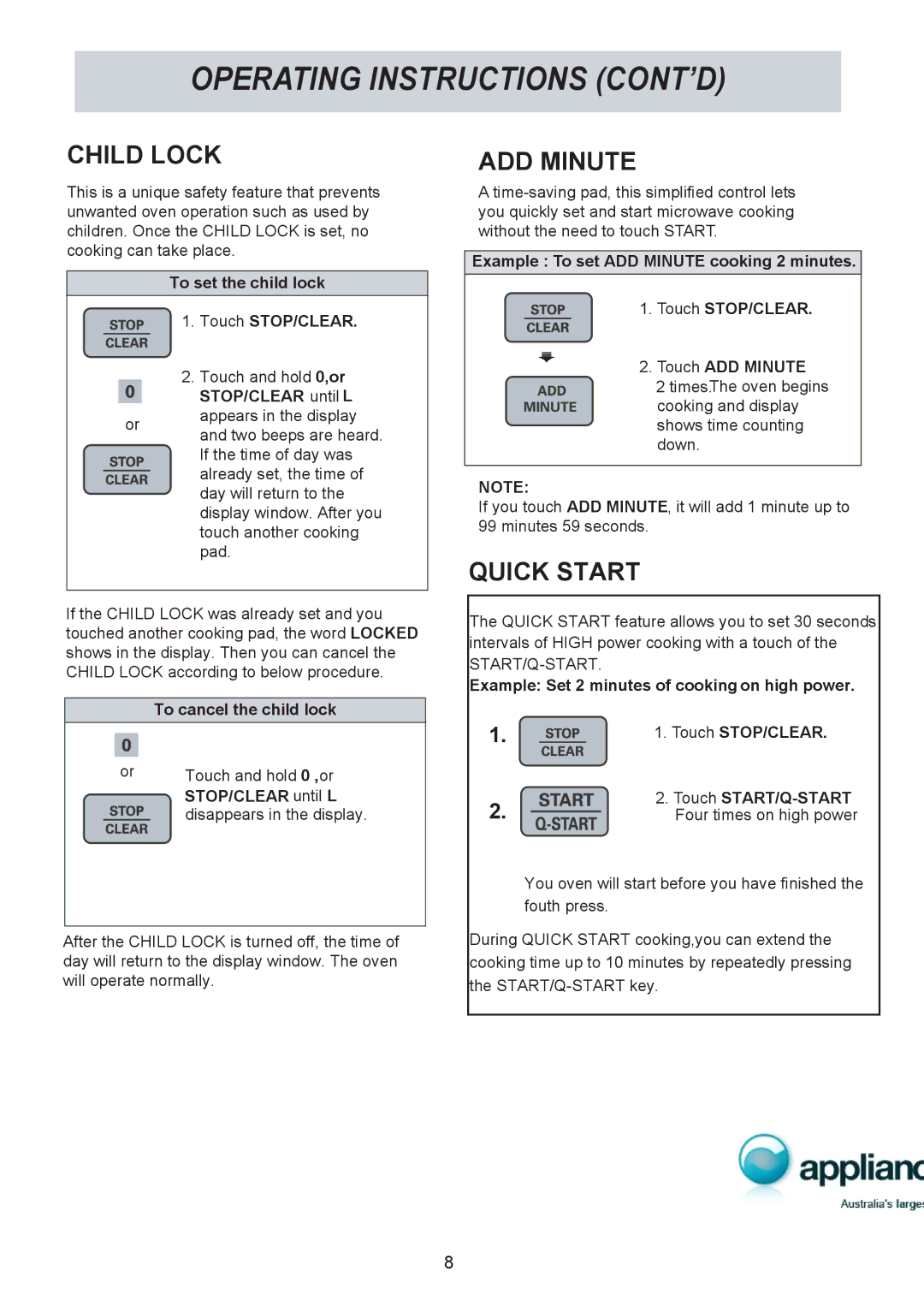 LG Electronics MS1949G owner manual Operating Instructions CONT’D, Child Lock, ADD Minute, Quick Start 