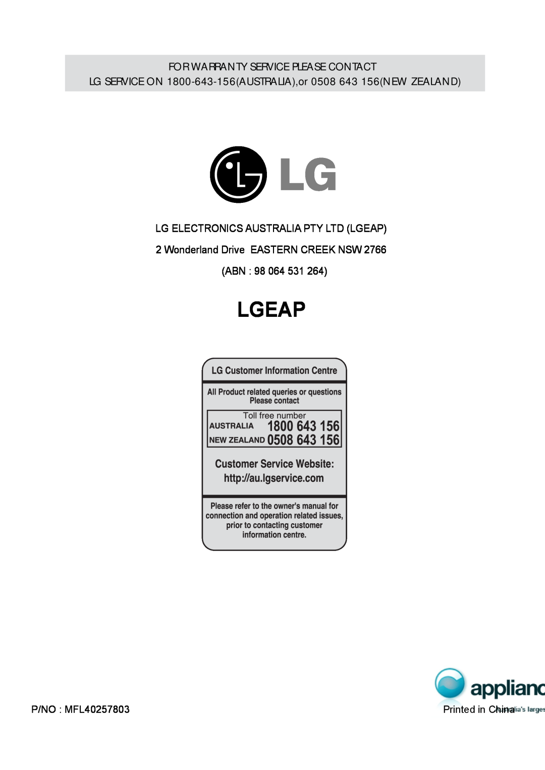 LG Electronics MS1949G owner manual Lgeap, For Warranty Service Please Contact 