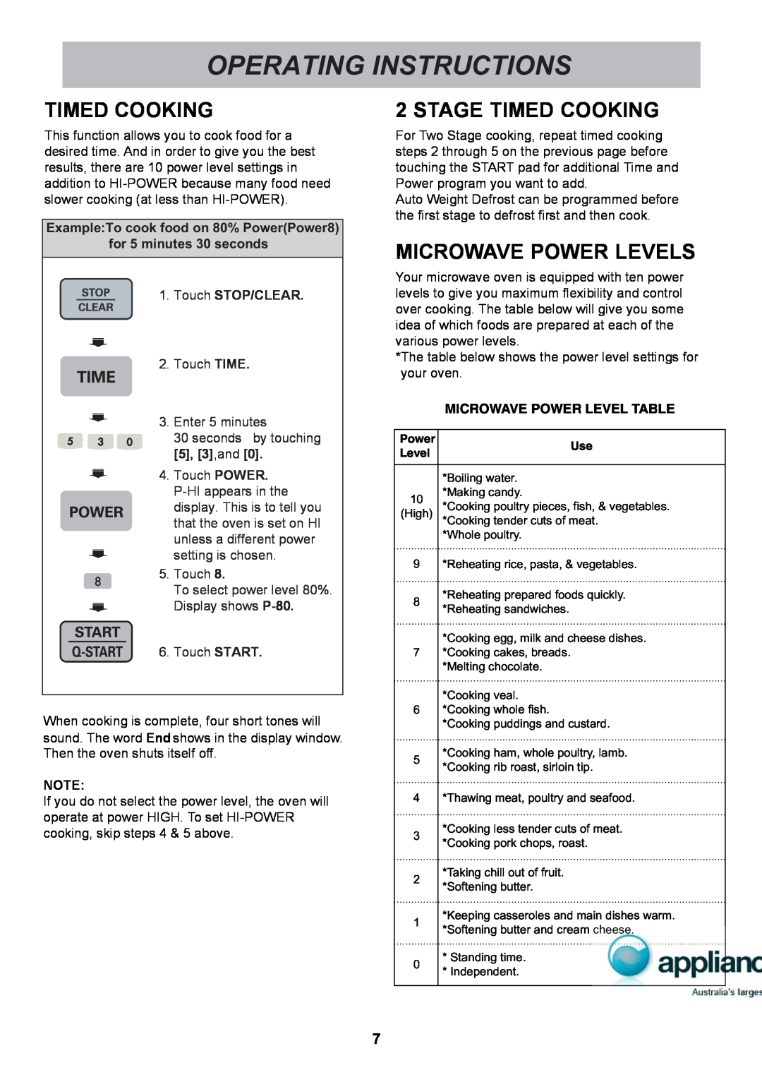 LG Electronics MS1949G owner manual Operating Instructions, Stage Timed Cooking, Microwave Power Levels 