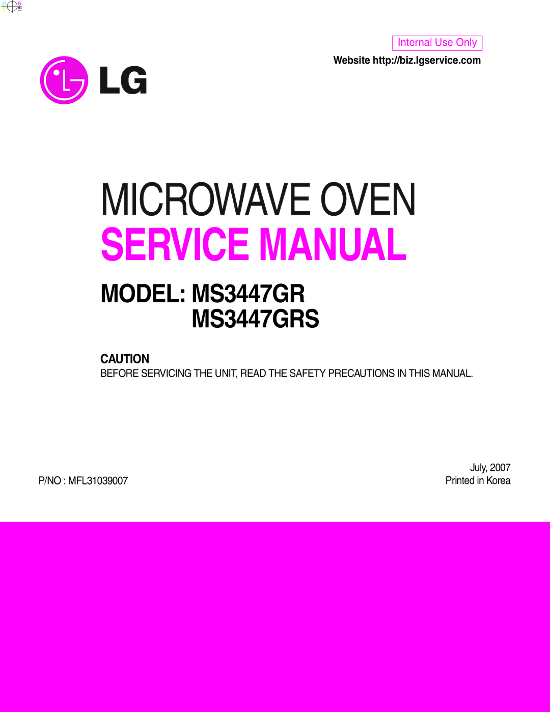 LG Electronics MS3447GRS service manual Microwave Oven 