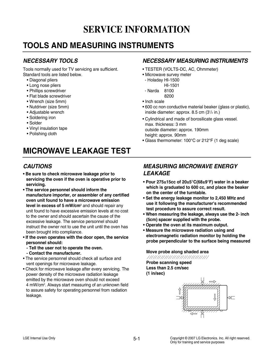 LG Electronics MS3447GR Service Information, Tools and Measuring Instruments, Microwave Leakage Test, Necessary Tools 