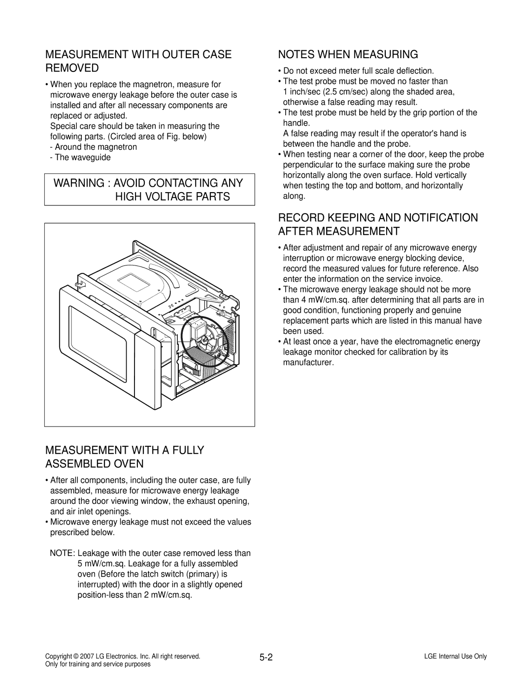 LG Electronics MS3447GRS service manual Measurement with Outer Case Removed, Measurement with a Fully Assembled Oven 