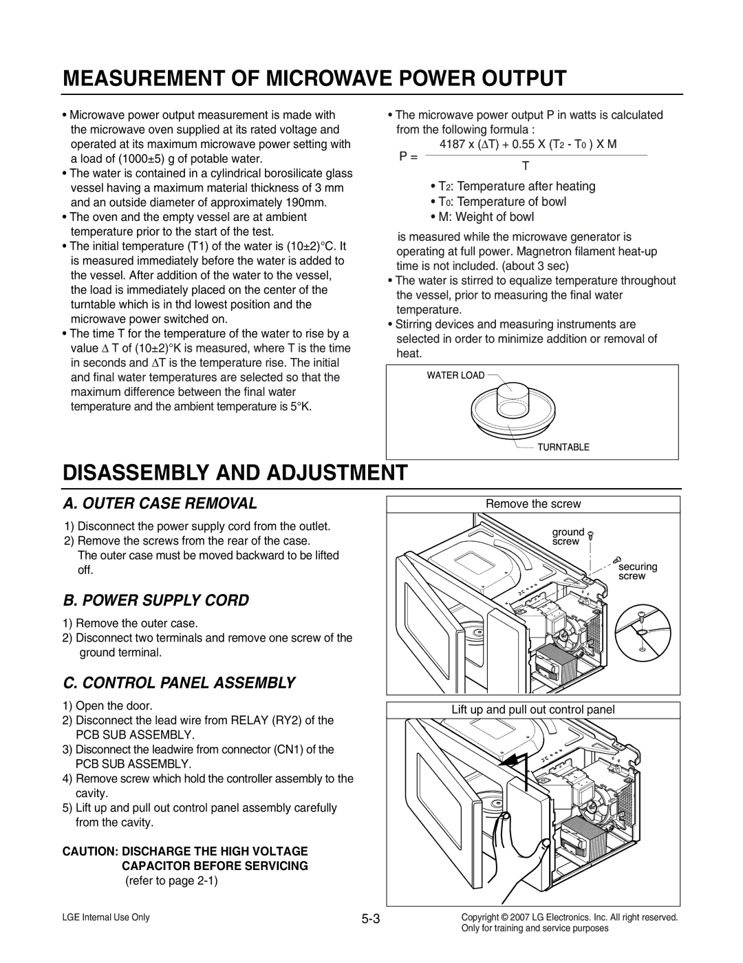 LG Electronics MS3447GRS Measurement of Microwave Power Output, Disassembly and Adjustment, Outer Case Removal 