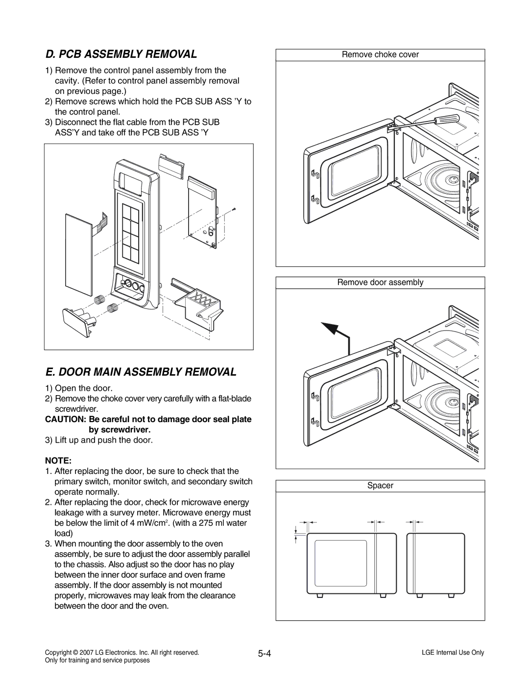 LG Electronics MS3447GRS service manual PCB Assembly Removal, Door Main Assembly Removal 