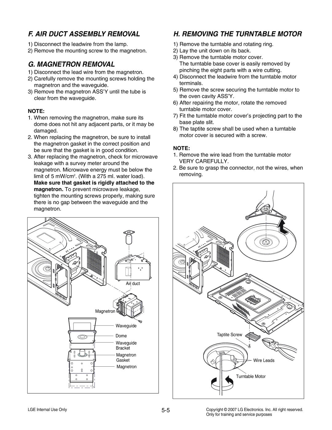 LG Electronics MS3447GR AIR Duct Assembly Removal, Magnetron Removal, Removing the Turntable Motor, Very Carefully 