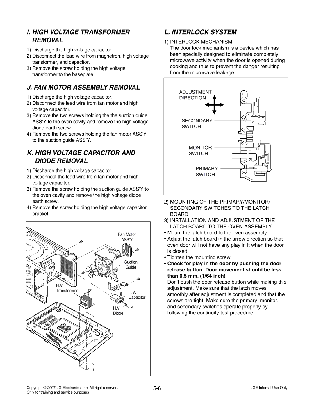 LG Electronics MS3447GRS service manual High Voltage Transformer Removal, FAN Motor Assembly Removal, Interlock System 