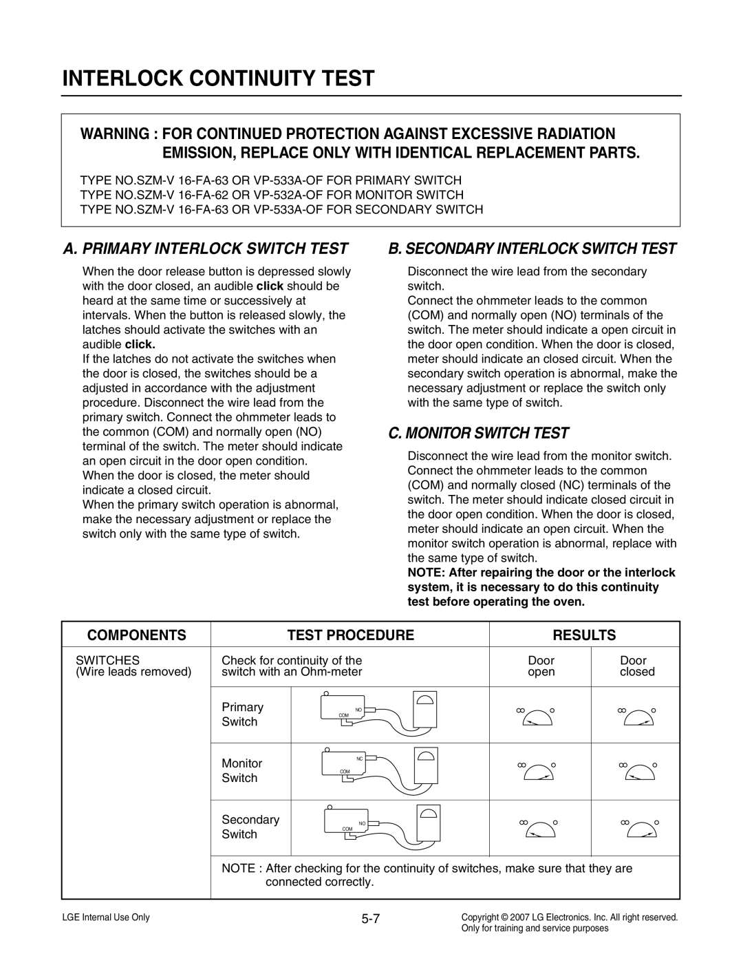 LG Electronics MS3447GR Interlock Continuity Test, Primary Interlock Switch Test, Secondary Interlock Switch Test 