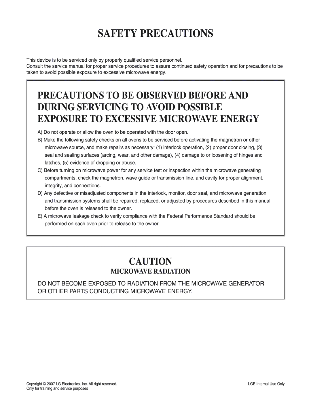 LG Electronics MS3447GRS service manual Safety Precautions, Microwave Radiation 