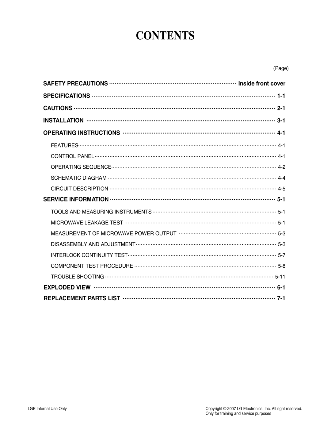 LG Electronics MS3447GRS service manual Contents 