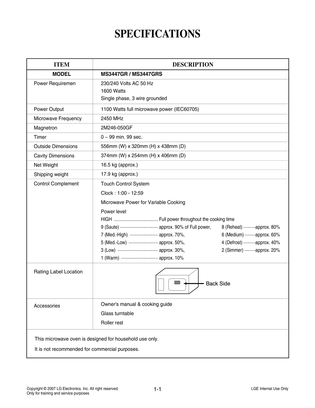 LG Electronics MS3447GRS service manual Specifications, Full power throughout the cooking time, Approx % of Full power 