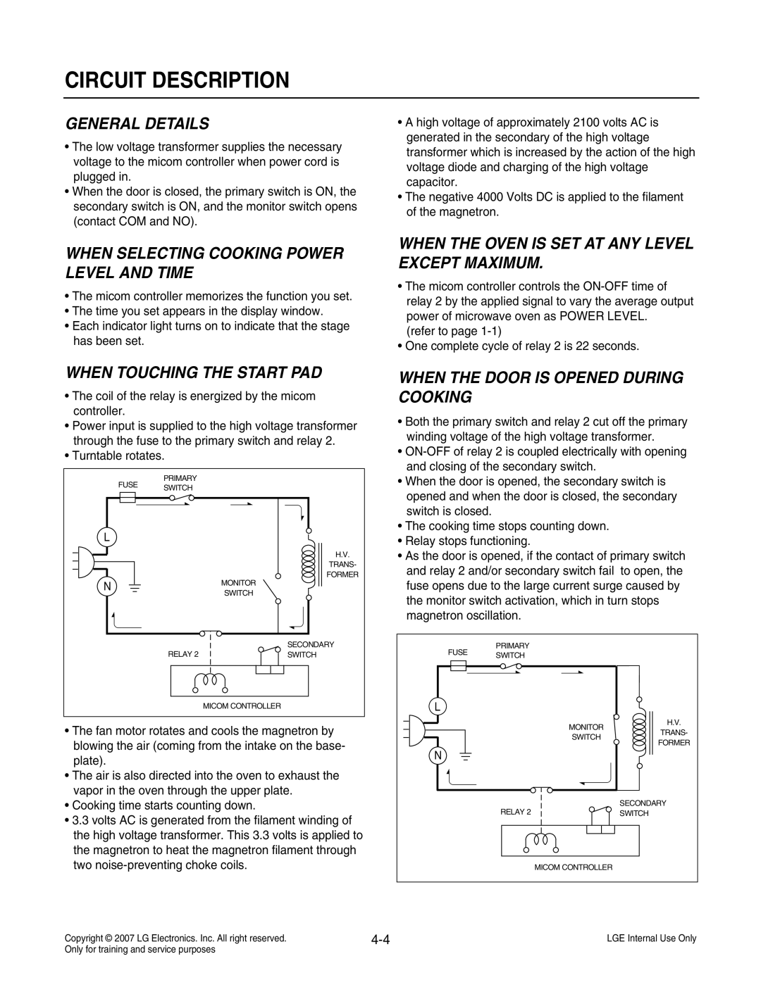 LG Electronics MS3447GRS service manual Circuit Description, General Details, When Selecting Cooking Power Level And Time 