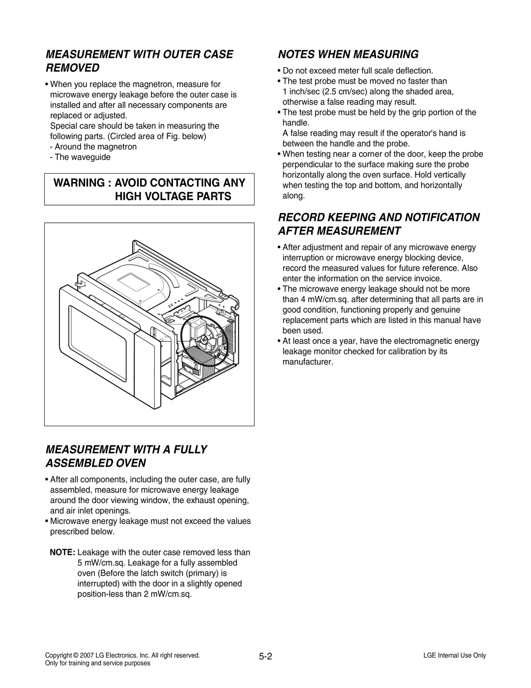 LG Electronics MS3447GRS service manual Measurement With Outer Case Removed, Measurement With A Fully Assembled Oven 