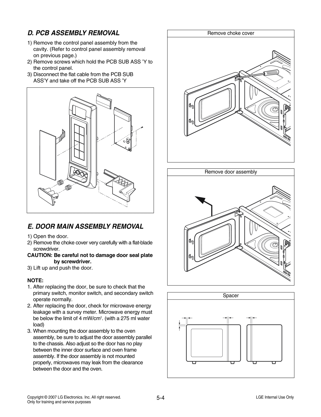 LG Electronics MS3447GRS service manual D. Pcb Assembly Removal, E. Door Main Assembly Removal 