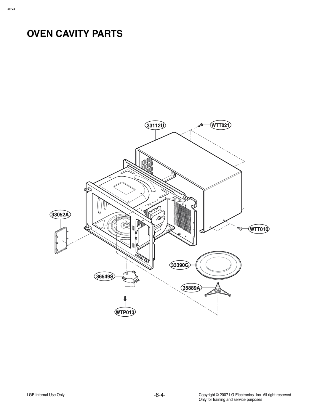 LG Electronics MS3447GRS service manual Oven Cavity Parts, 33112U, 33052A WTT010 33390G, 36549S WTP013, 35889A, WTT021 