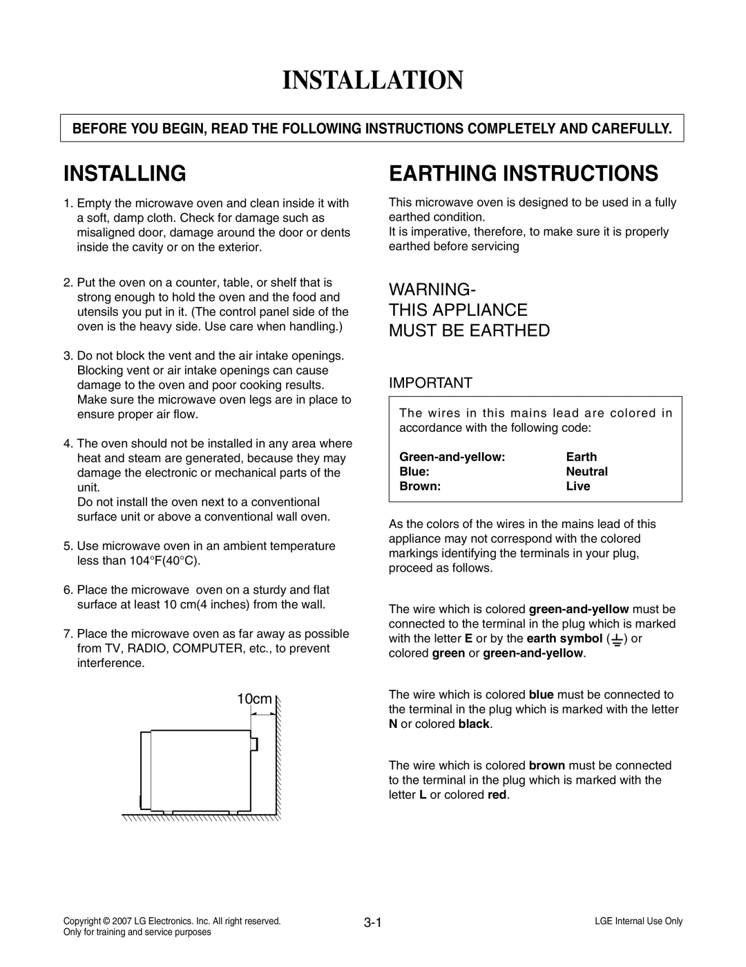 LG Electronics MS3447GRS Installation, Installing, Earthing Instructions, 10cm, Green-and-yellow, Blue, Neutral, Brown 