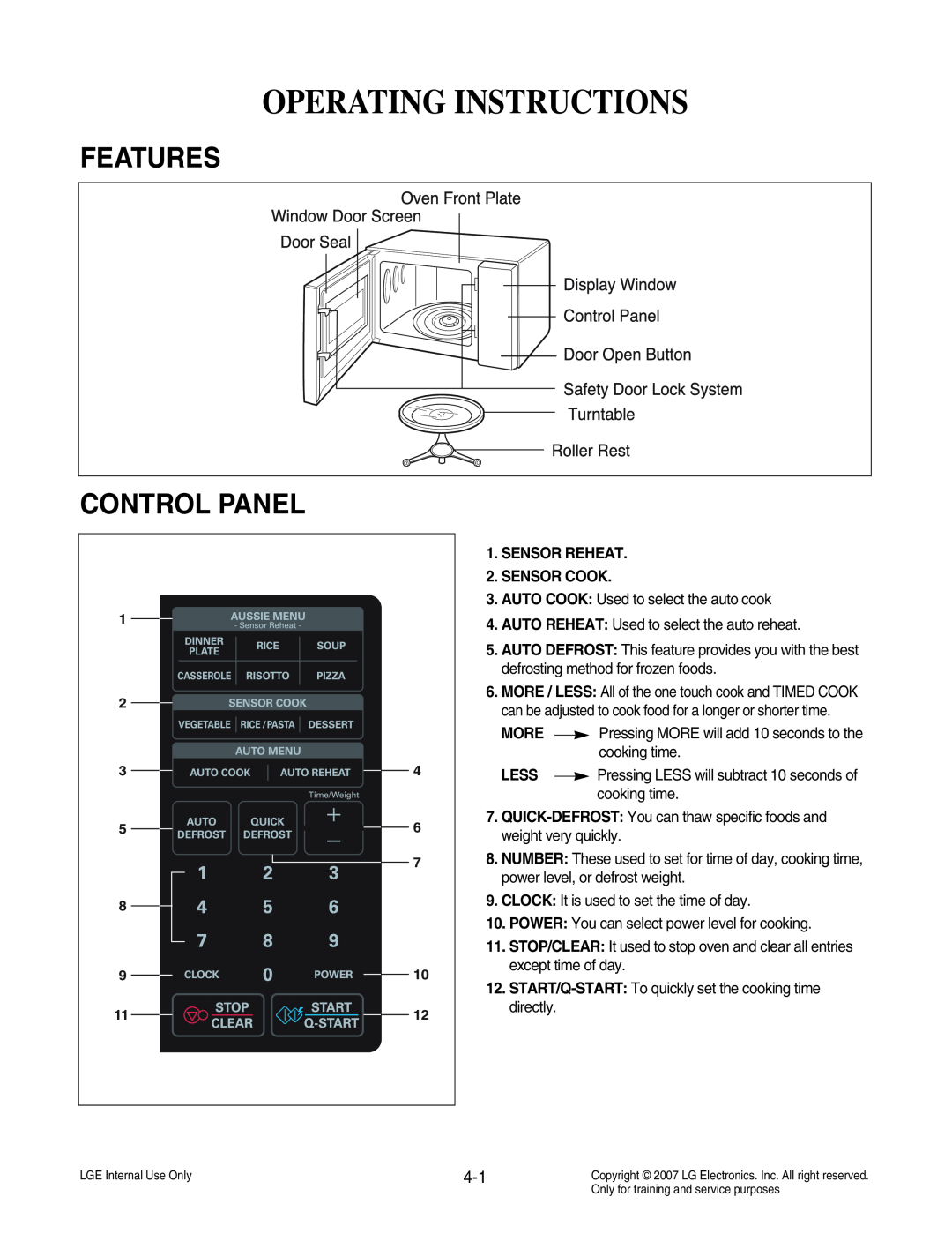LG Electronics MS3447GRS Operating Instructions, Features, Control Panel, SENSOR REHEAT 2. SENSOR COOK, Less 