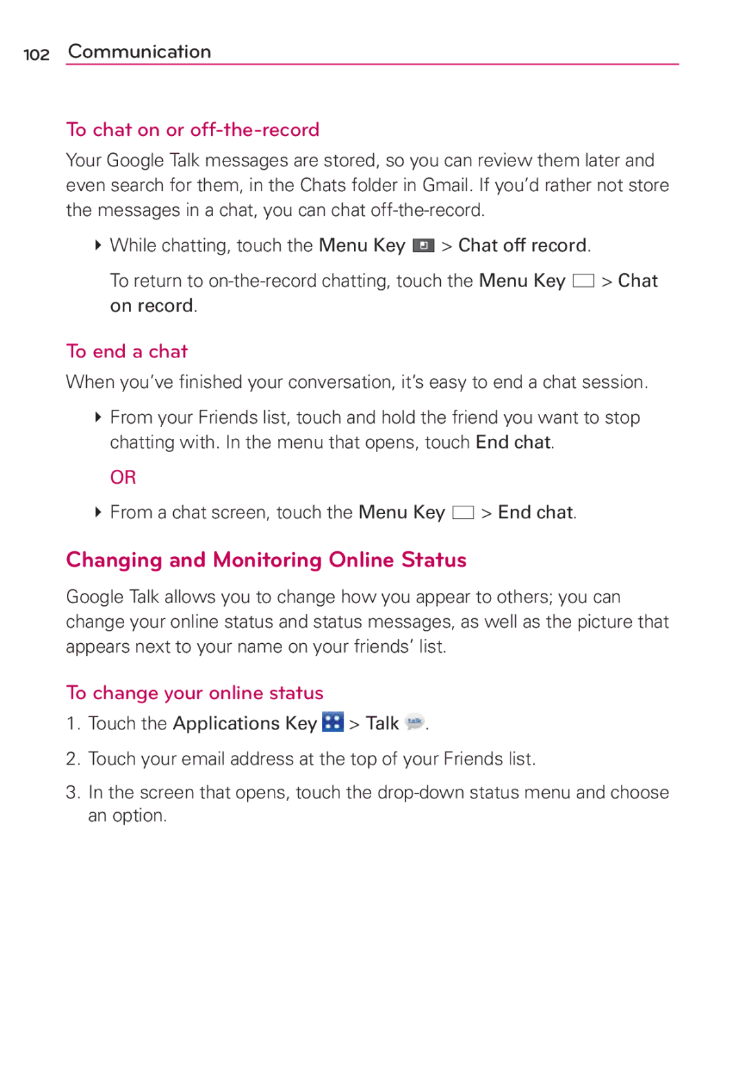 LG Electronics MS910 manual Changing and Monitoring Online Status, To chat on or off-the-record, To end a chat 