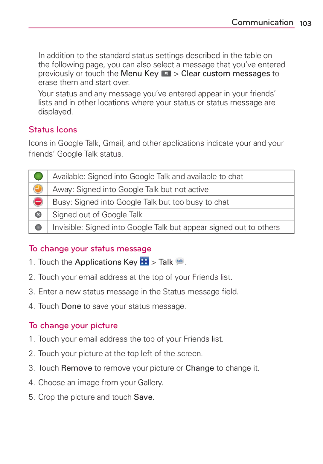 LG Electronics MS910 manual Status Icons, To change your status message, To change your picture 