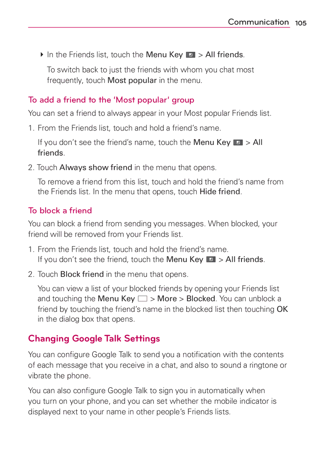 LG Electronics MS910 manual Changing Google Talk Settings, To add a friend to the ‘Most popular’ group, To block a friend 