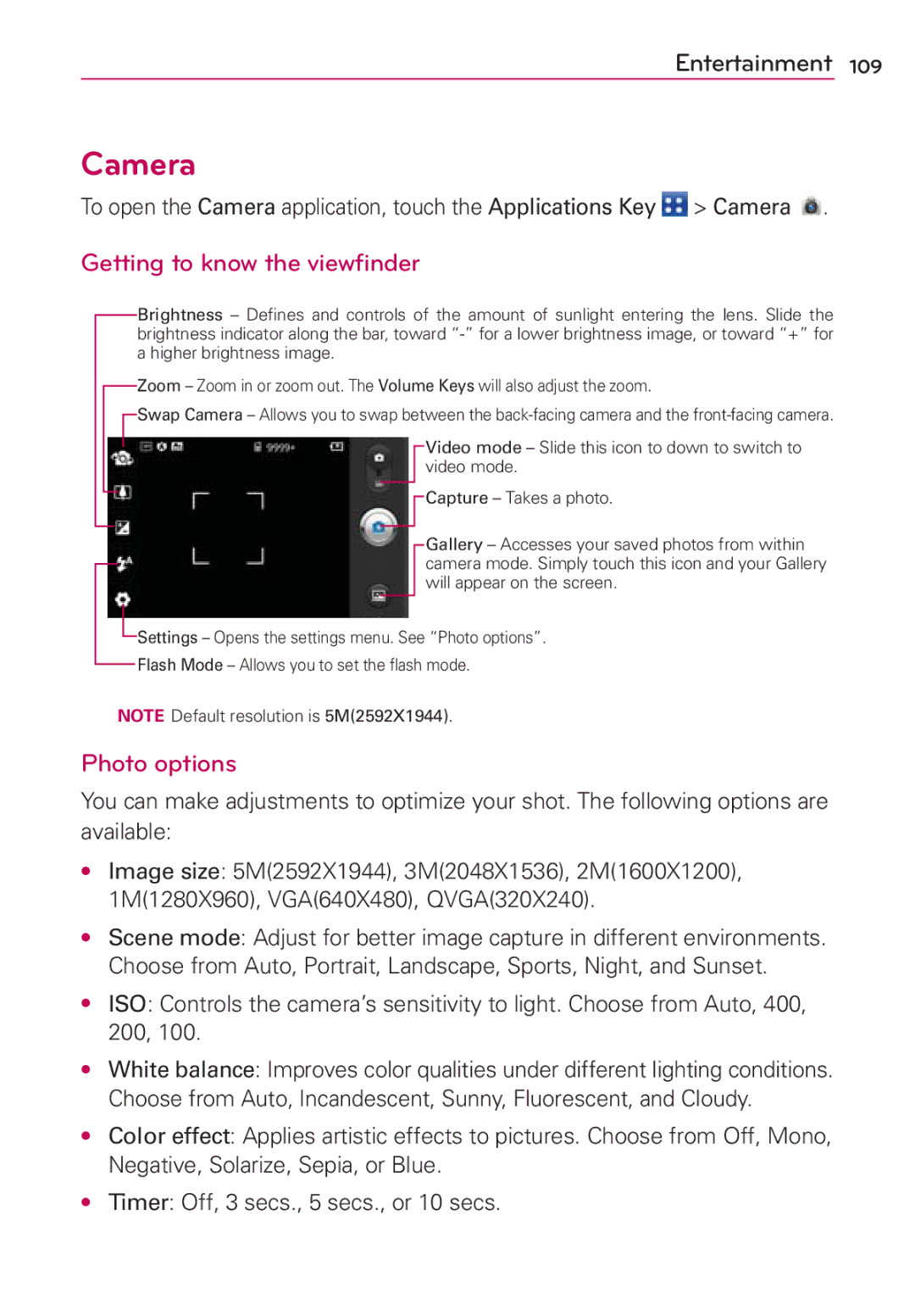 LG Electronics MS910 manual Camera, Getting to know the viewfinder, Photo options 