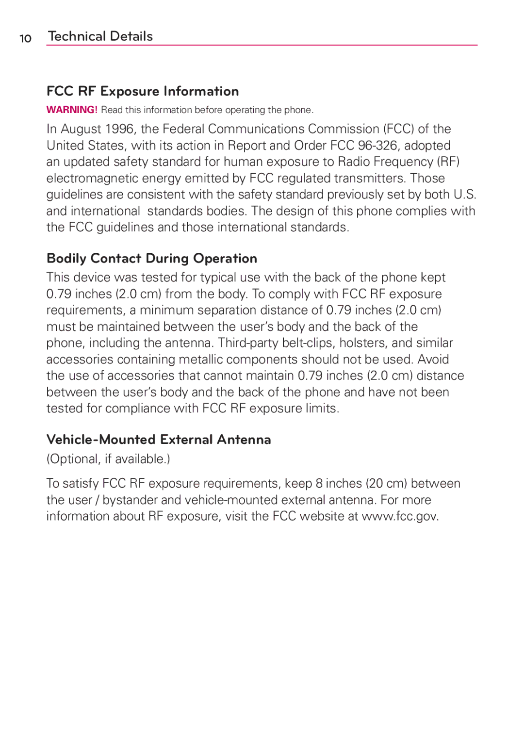 LG Electronics MS910 manual FCC RF Exposure Information, Bodily Contact During Operation, Vehicle-Mounted External Antenna 