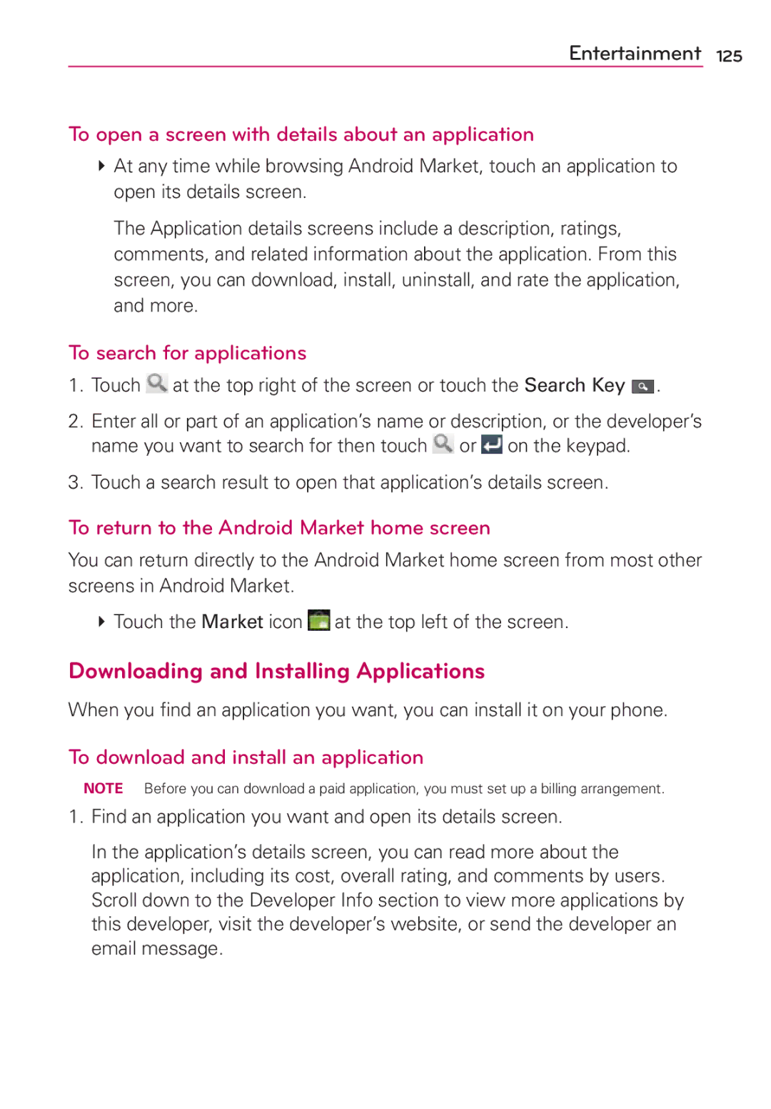 LG Electronics MS910 manual Downloading and Installing Applications, To open a screen with details about an application 