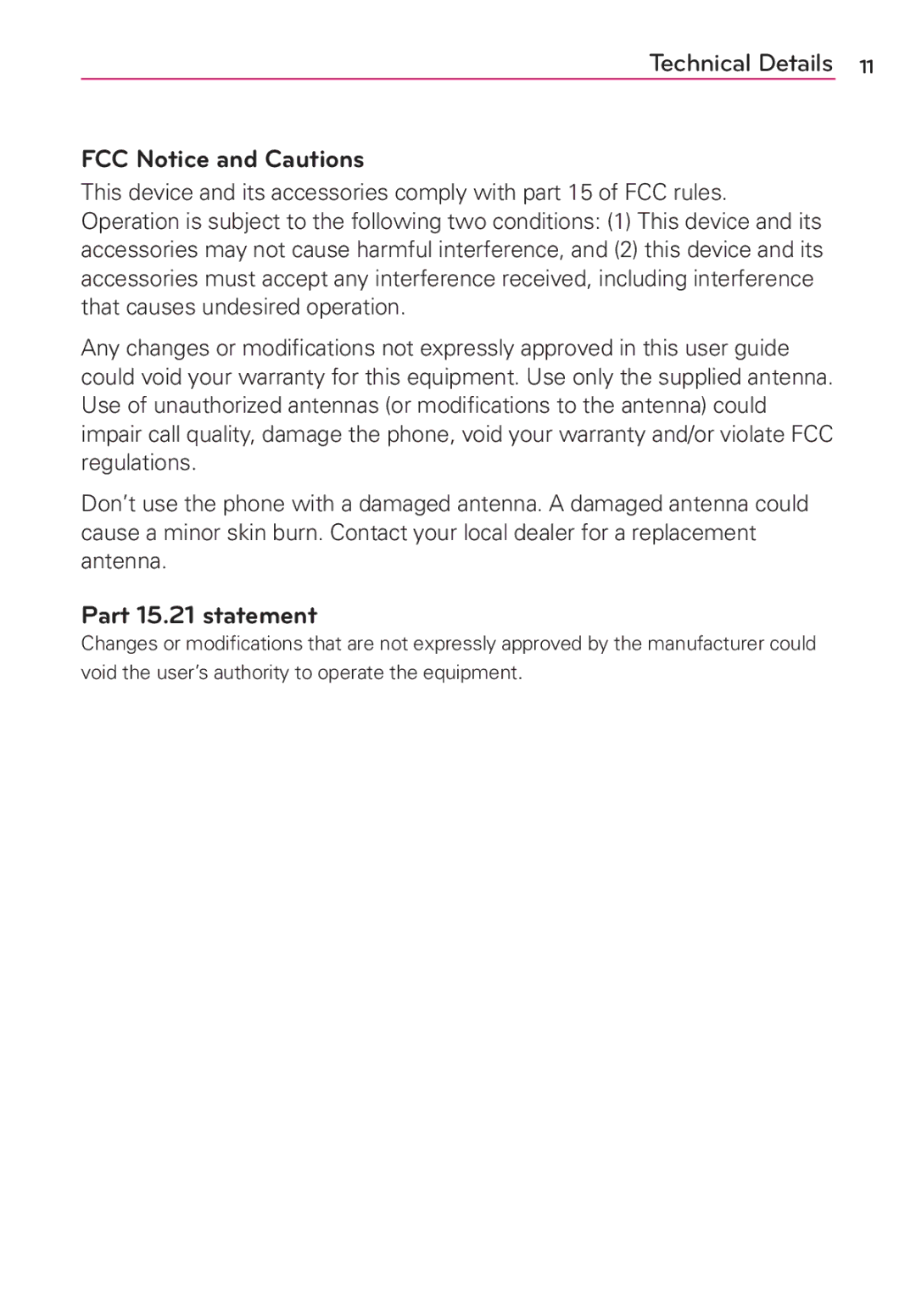 LG Electronics MS910 manual FCC Notice and Cautions, Part 15.21 statement 