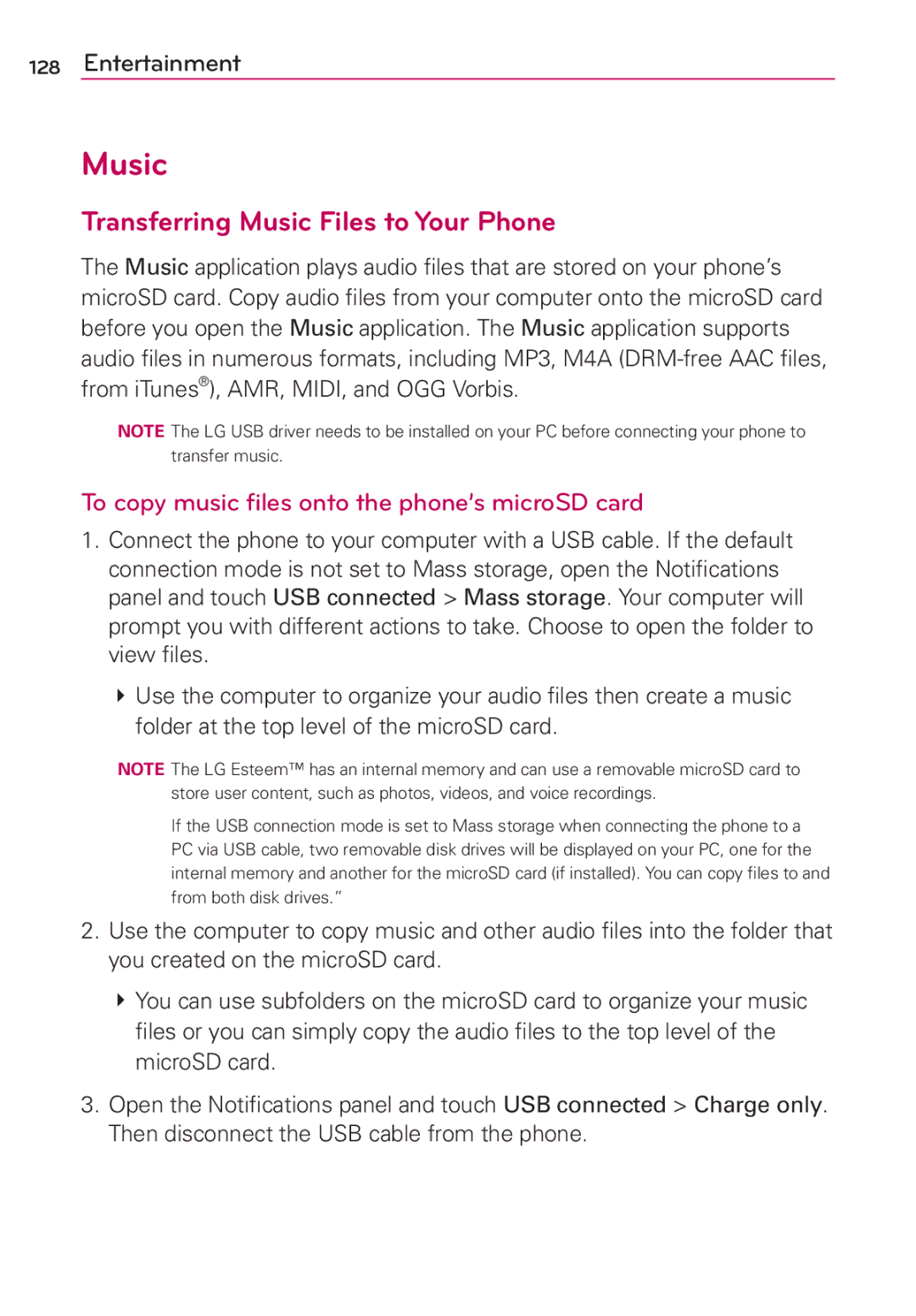 LG Electronics MS910 manual Transferring Music Files to Your Phone, To copy music files onto the phone’s microSD card 