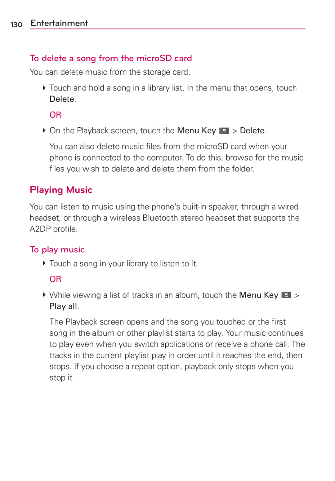 LG Electronics MS910 manual Playing Music, To delete a song from the microSD card, To play music 