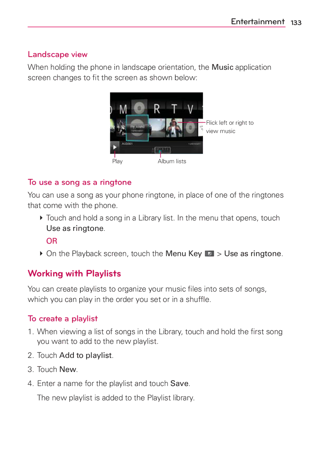 LG Electronics MS910 manual Working with Playlists, Landscape view, To use a song as a ringtone, To create a playlist 