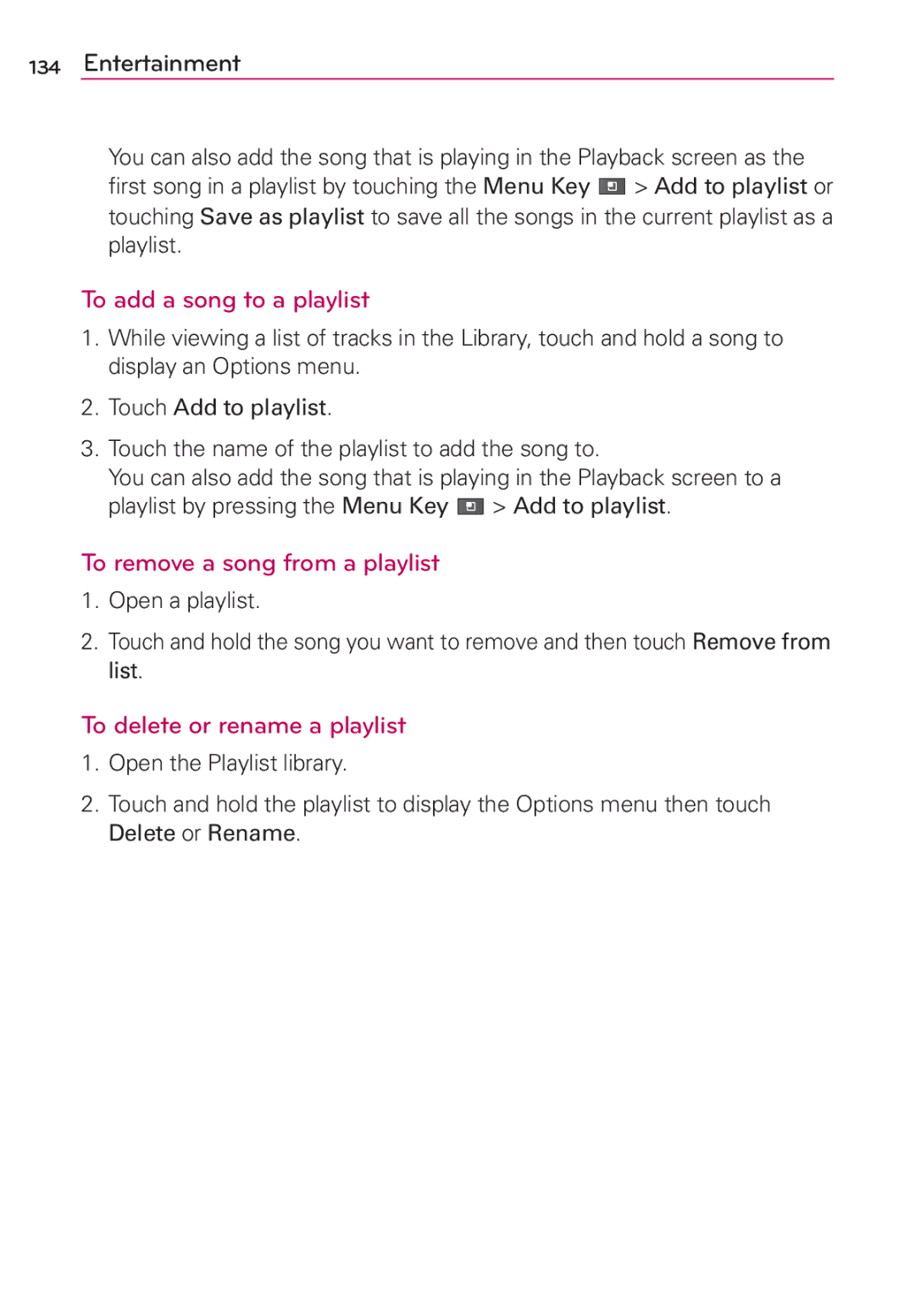 LG Electronics MS910 manual To add a song to a playlist, To remove a song from a playlist, To delete or rename a playlist 