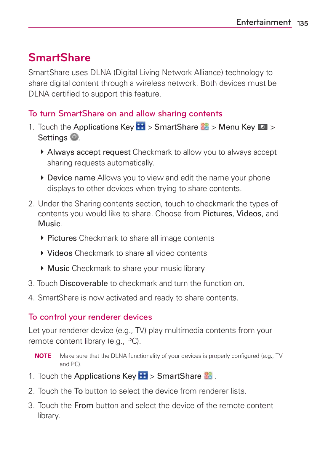 LG Electronics MS910 manual To turn SmartShare on and allow sharing contents, To control your renderer devices 