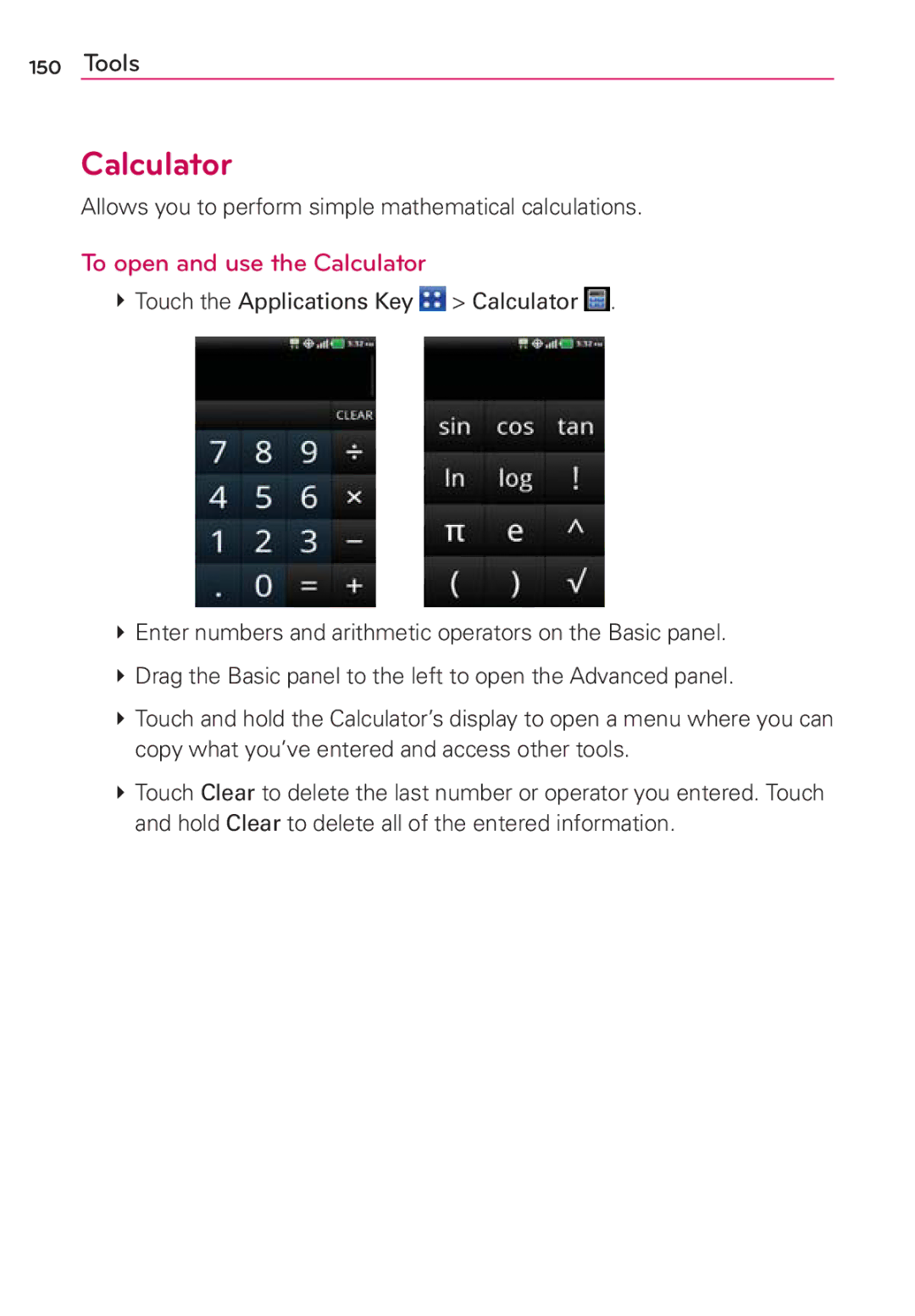 LG Electronics MS910 manual To open and use the Calculator, Allows you to perform simple mathematical calculations 