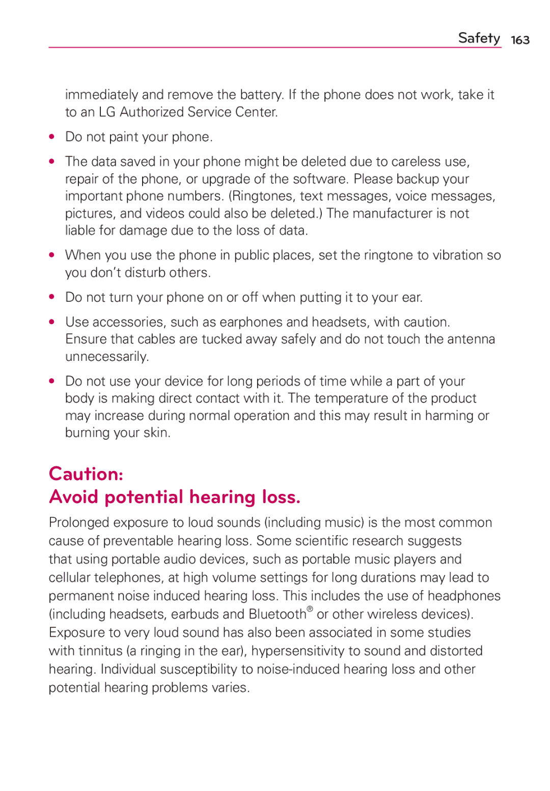 LG Electronics MS910 manual Avoid potential hearing loss 