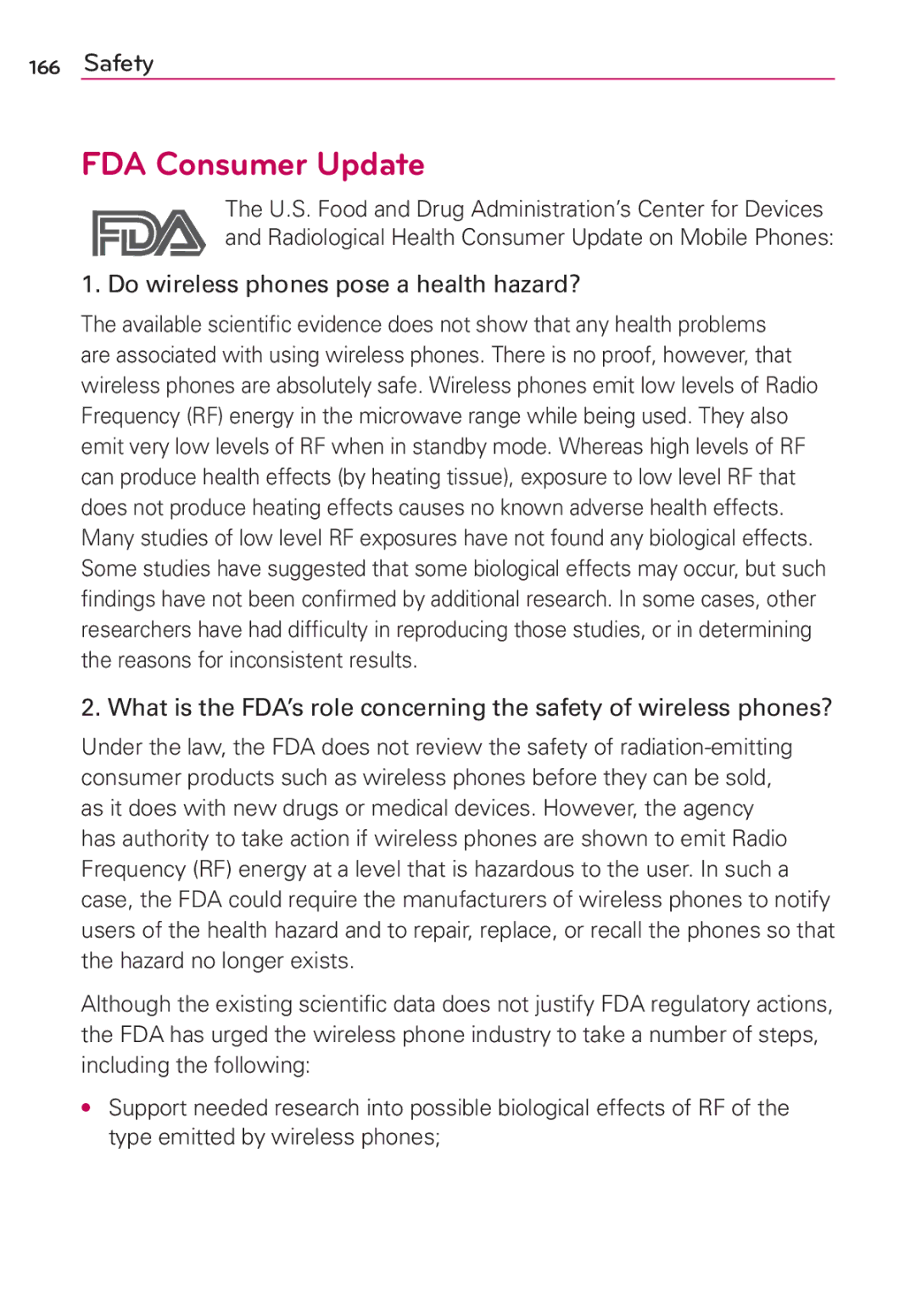 LG Electronics MS910 manual FDA Consumer Update, Do wireless phones pose a health hazard? 